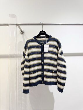 Valentino Navy, White & Gold Striped Rib-Knit Cardigan